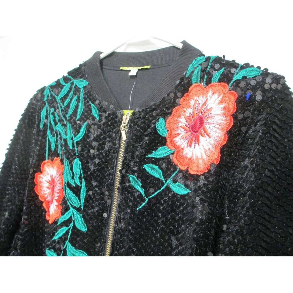 NWT Gianni Bini Womens Cardigan Jacket Black Sequin Floral Zip Size XS - Picture 3 of 9